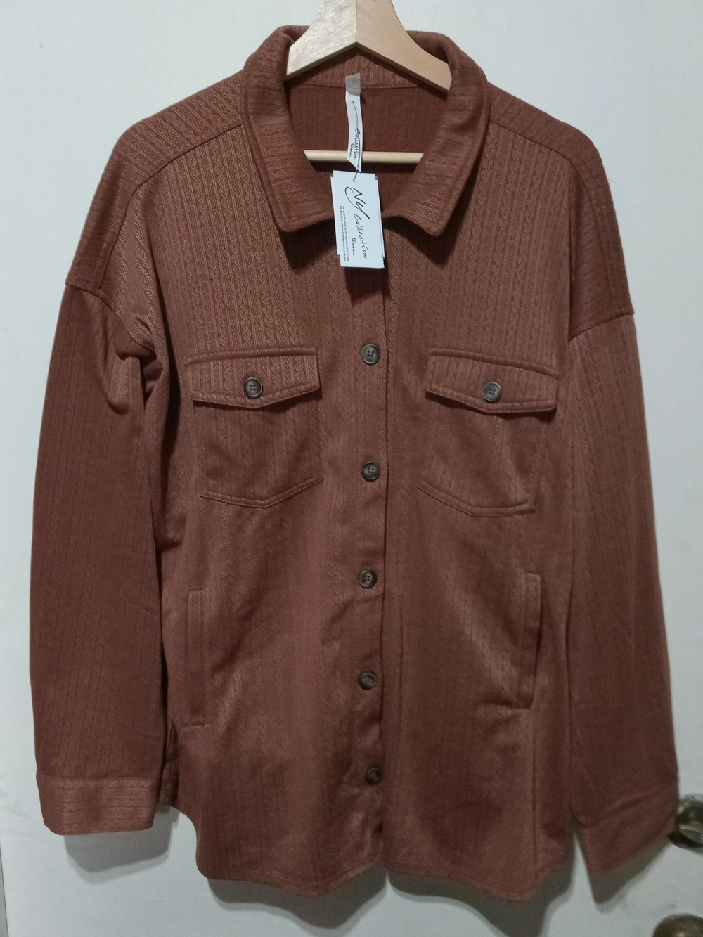 NY Collection Rust Brown Ribbed Button-Front Top with Chest Pockets